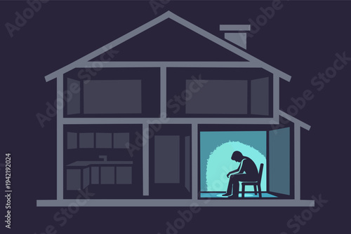 Man feeling lonely and isolated at home, sitting alone in a room, experiencing depression and mental health issues