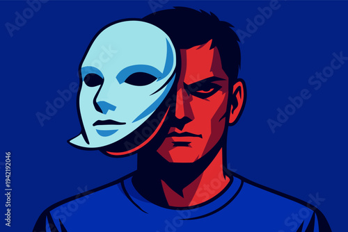 Man revealing identity crisis, pulling away a mask showing his hidden angry self, dual personality concept