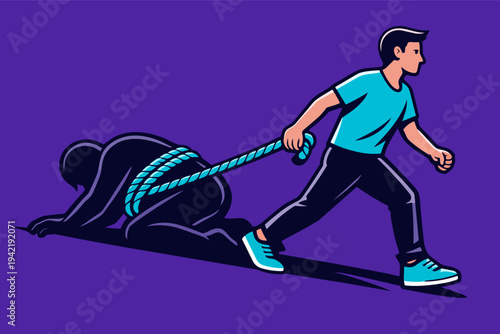 Man dragging metaphorical shadow figure on a rope, dealing with past trauma, burden, and emotional weight