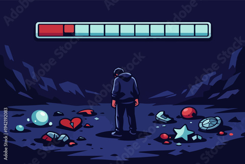 Man feeling overwhelmed with low energy and breaking objects, experiencing mental burnout and emotional distress