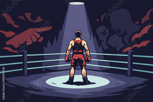 Boxer on ring facing challenges and adversity, a spotlight illuminating the path forward with determination