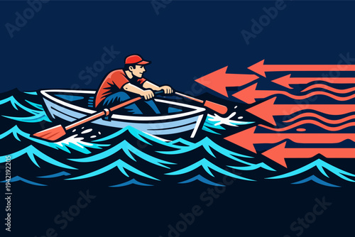 Man rowing against strong current and red arrows representing challenges, resistance, and overcoming adversity