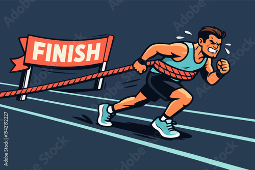 Determined runner overcoming challenge, pulling resistance rope towards finish line banner, showing effort and perseverance