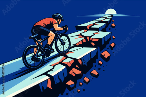 Cyclist overcoming obstacles on a broken, risky road towards a goal, symbolizing determination and perseverance