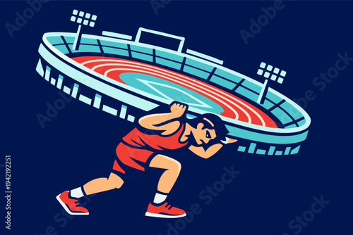 Athlete carrying stadium, symbolizing pressure, burden, and determination in competitive sports or world events