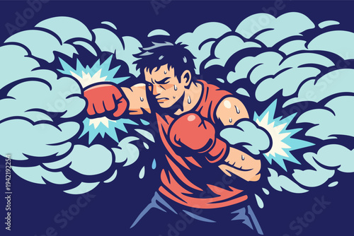 Boxer unleashing powerful punches in an intense smoke-filled gym workout, muscles straining, sweat flying, focus razor-sharp