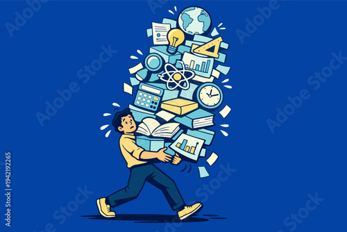 Student carrying heavy academic workload, feeling stressed from information overload and pressure to learn