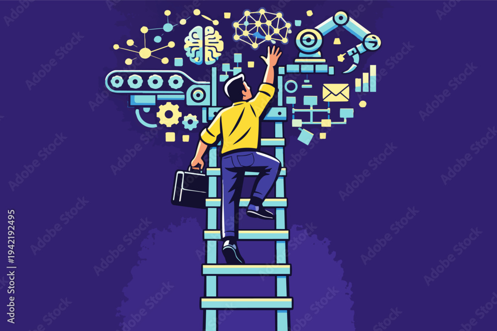 Obraz premium Professional climbing career ladder, reaching for future of artificial intelligence, technology, and innovation
