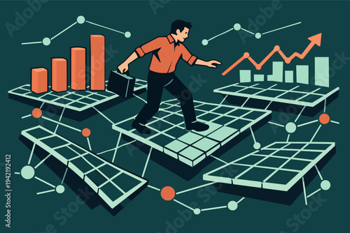 Businessman navigating data platforms and financial charts, showing strategy for business growth and market success