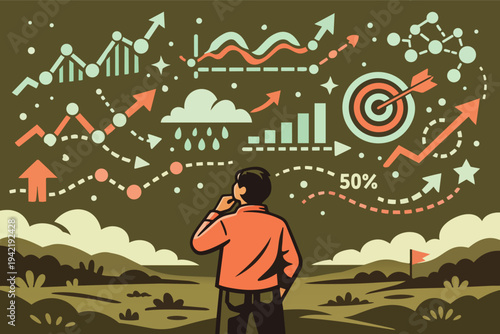 Businessman standing contemplating business strategy, analyzing growth data, planning future goals and achieving success