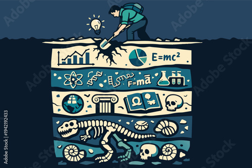 Man digging through layers of knowledge and scientific disciplines searching for discovery and understanding