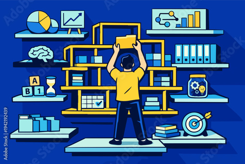 Person organizing data and information on shelves, managing various business tasks and analytics