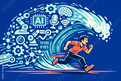 Man running from a surging artificial intelligence wave representing technological innovation and digital transformation