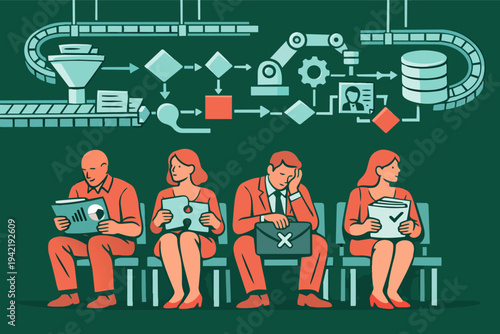 People waiting for interview results with an automated ai machine recruitment process filtering candidates