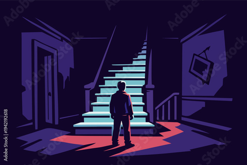 Man standing at bottom of glowing stairs in dark abandoned house, symbolizing fear, mystery, challenge