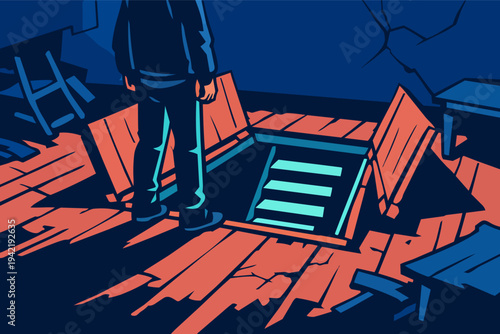 Man discovering hidden trapdoor leading to mysterious underground stairs, exploring a secret basement with a sense of adventure
