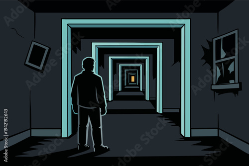 Man silhouette standing in a mysterious, dark corridor with multiple receding doors, facing a bright light representing hope or destination