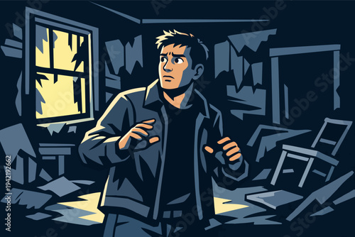 Man feeling fear and anxiety exploring a dark abandoned house after a disaster or collapse, searching for safety