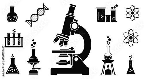 Black and white illustration of various science laboratory equipment and symbols including a microscope dna strand beaker flask and test tubes, Generative AI.