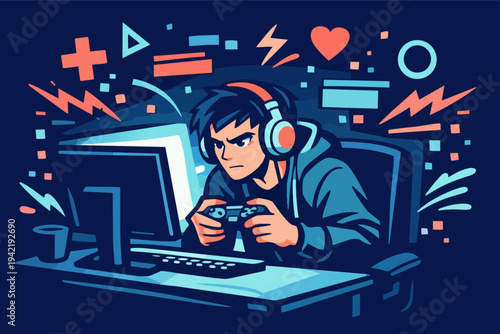 Young man focused on competitive gaming, sitting at a desk with a computer and keyboard, surrounded by esports elements