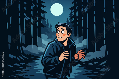 Young man standing alone in a dark, mysterious forest at night, feeling afraid and anxious under the full moon light
