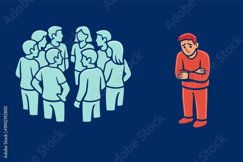 Person feeling lonely and experiencing social anxiety, standing apart from a socializing crowd, illustrating exclusion and mental health