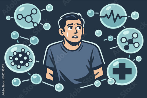 Man experiencing health anxiety, surrounded by virus, molecule, heartbeat, and medical cross icons