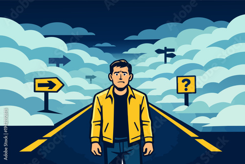 Man feeling confused at crossroads, choosing a direction on life path, making an important decision