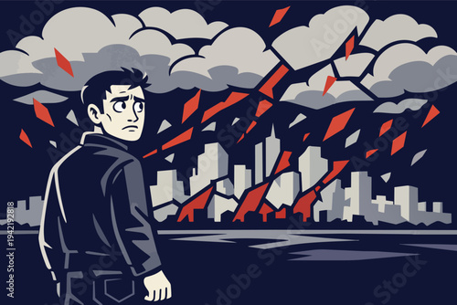 Man experiencing anxiety and uncertainty, looking back at a crumbling city skyline under shattered sky