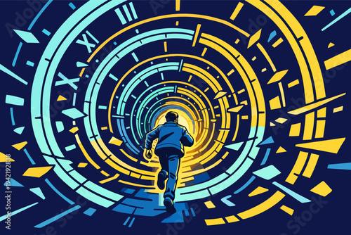 Man racing through a time tunnel, a concept of urgency, future, past, and overcoming deadlines