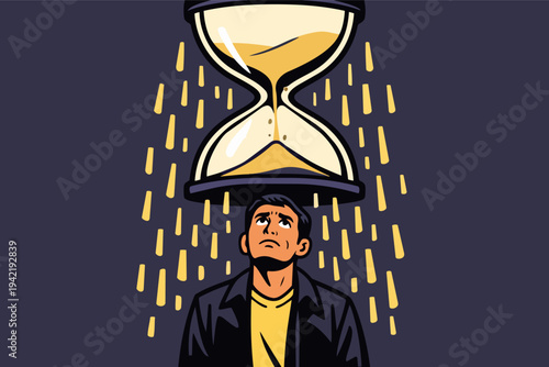 Stressed man feeling time slipping away, hourglass sand raining down, facing project deadline and pressure