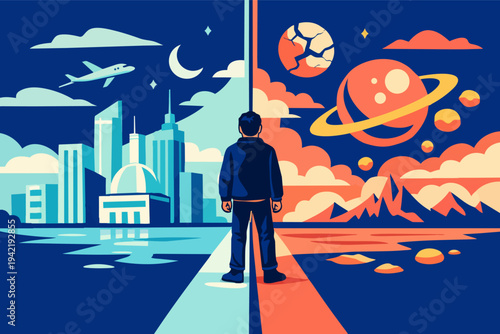 Person standing between a modern city landscape and a fantastical space world, choosing future paths