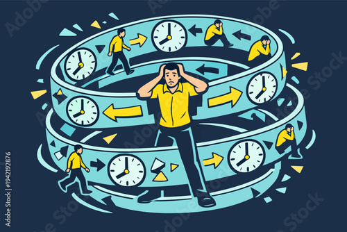 Man feeling overwhelmed and stressed by time pressure, a continuous loop of deadlines and anxiety