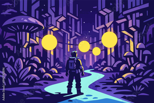 Explorer walking on a glowing path through a magical, glowing mushroom forest at night, finding a new adventure