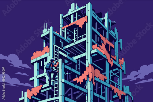 Man exploring a ruined building, climbing a ladder on a collapsing concrete structure in a post-apocalyptic urban landscape