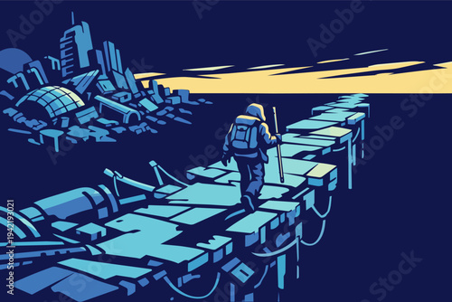 Person with a backpack and walking sticks traversing a broken path, with a destroyed cityscape in the background under a dim sky