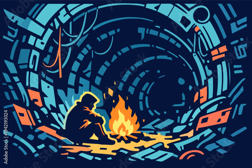 Person sitting by a campfire in a dark, dystopian, futuristic tunnel, symbolizing loneliness and survival
