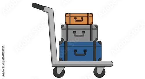 A luggage cart with three suitcases on it in different colors, Generative AI.