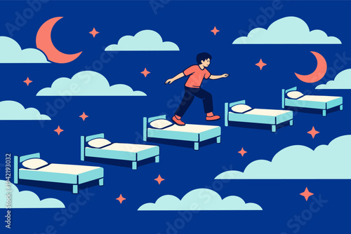 Young boy stepping on floating beds, moving across a dreamlike night sky with moon, stars, and clouds