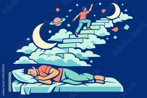 Person sleeping, dreaming of climbing moon stairs through clouds and stars, achieving goals, a subconscious journey