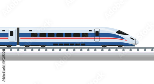 High speed train traveling on railway tracks with blue and red stripes, Generative AI.
