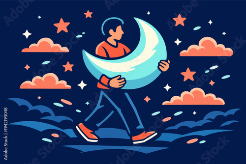 Man walking through night sky carrying crescent moon, surrounded by stars and clouds, bringing dreams and peace
