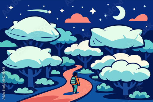 Person walking on a path in a fantastical night forest with pillow-like clouds, symbolizing a dream journey
