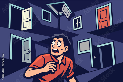 Man facing multiple doorways and choices, feeling overwhelmed by difficult decisions and uncertain paths