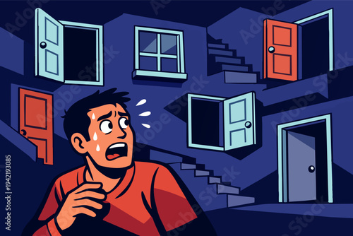 Man panicking with sweat on his face, facing numerous open doors and windows in a dark, confusing, and overwhelming space