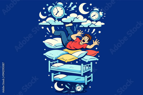 Man falling through beds and pillows in a nightmare, experiencing insomnia and stress, struggling with sleep disorder