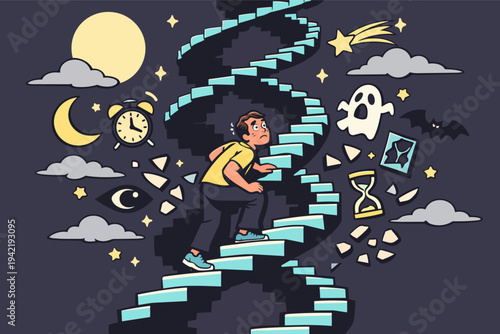 Man climbing endless spiral stairs at night, battling fear, anxiety, and insomnia, surrounded by symbols of nightmares and stress
