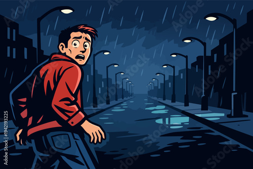 Man running away feeling afraid in dark rainy city street at night, experiencing anxiety, fear, and danger