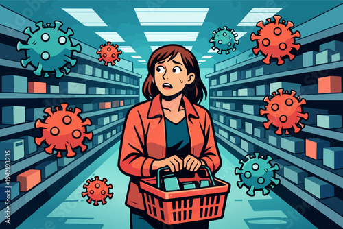 Woman experiencing anxiety in a grocery store aisle amidst flying virus particles during pandemic lockdown