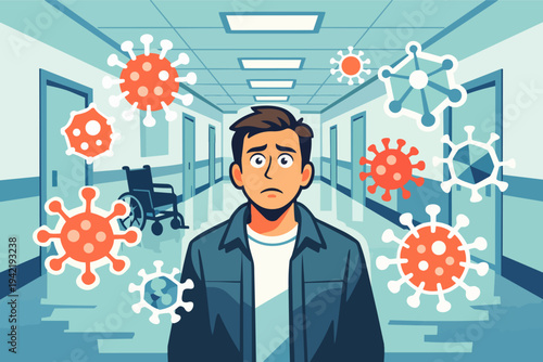Anxious man standing in a hospital corridor filled with floating viruses, symbolizing fear of infection and disease